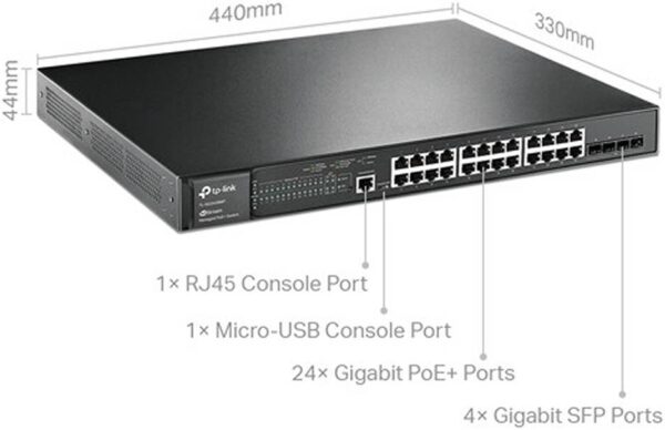 TP-LINK JetStream — 28-портовый гигабитный управляемый коммутатор L2, с 24 портами PoE+, 4 слотами SFP