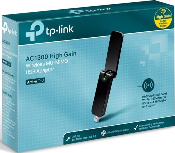 Tp-Link Archer T4U — AC1300, Двухдиапазонный беспроводной USB-адаптер, с высоким коэффициентом ус