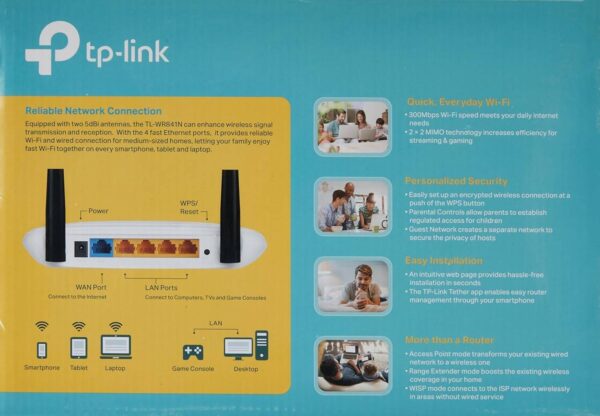 TP-Link N300 (TL-WR841N) — 2 антенны высокой мощности 5 дБи, поддержка точки доступа, WISP, до 300 М