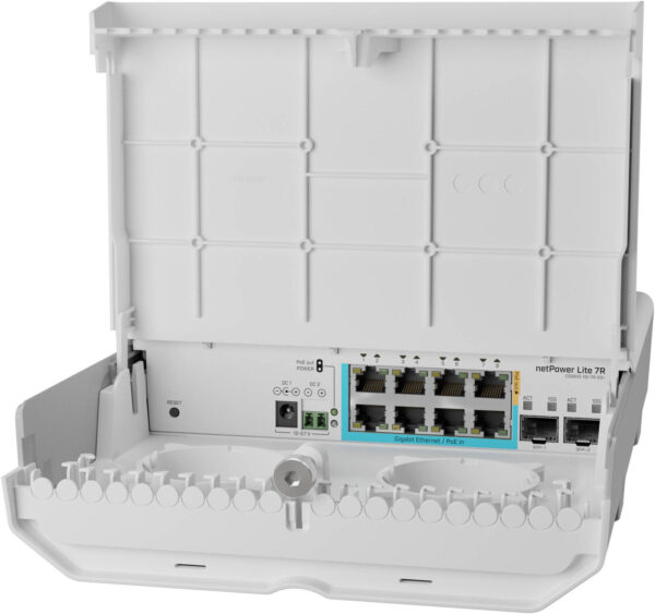 Mikrotik Net Power Lite 7R — Уличный коммутатор с обратным PoE, с портами Gigabit Ethernet и 10G SFP+, потребляемая мощность 29