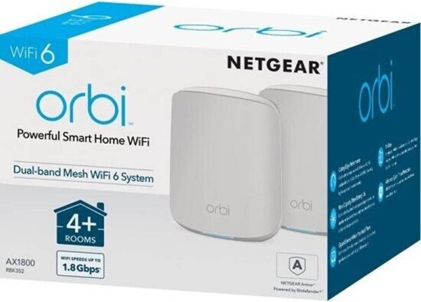 NETGEAR RBK352 — Orbi Mesh WiFi-система, маршрутизатор Wi-Fi 6 Mesh с 1 спутниковым удлинителем, двухд