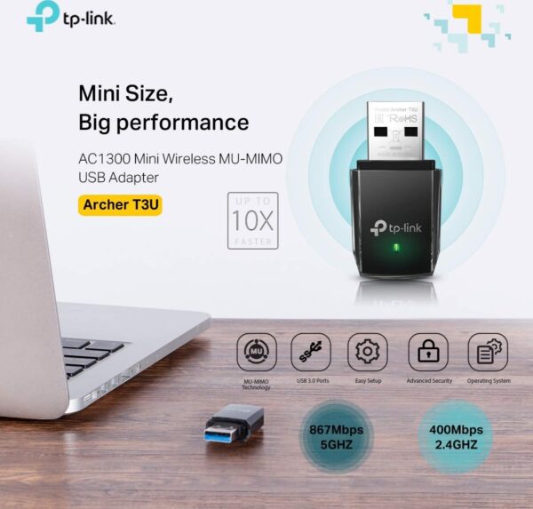 TP-Link AC1300 Archer T3U — USB, двухдиапазонный беспроводной адаптер 2.4G/5G, совместим с Win11