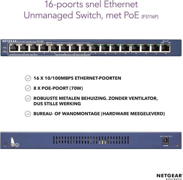 NETGEAR FS116P ProSafe — 16-портовый настольный коммутатор 10/100 с 8 портами PoE, высокая надежность и ги