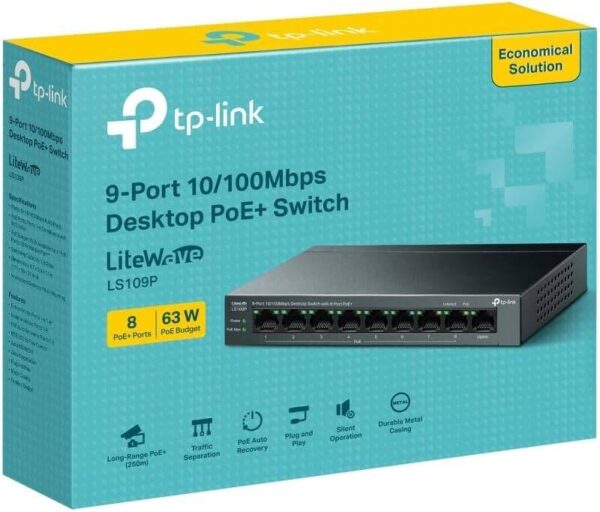 TP-Link LS109P — 9-портовый настольный коммутатор, 10/100 Мбит/с, 8 портов PoE+