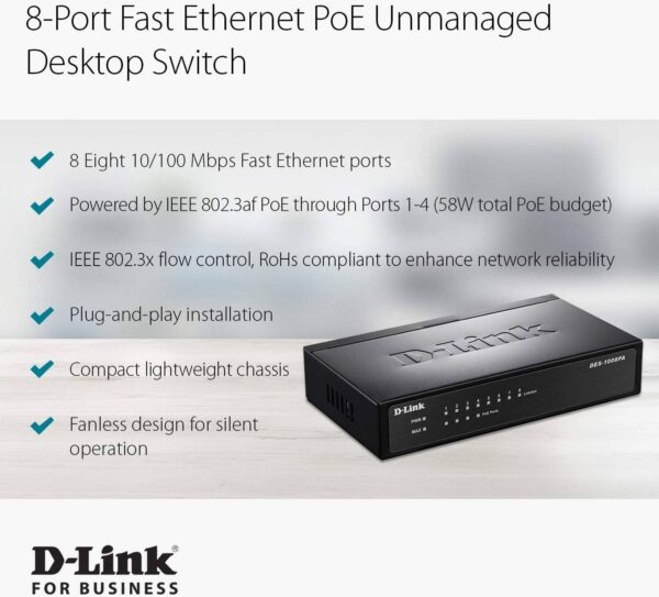 D-Link DES-1008 PA — неуправляемый, Fast Ethernet (10/100), 1,6 Гбит/с