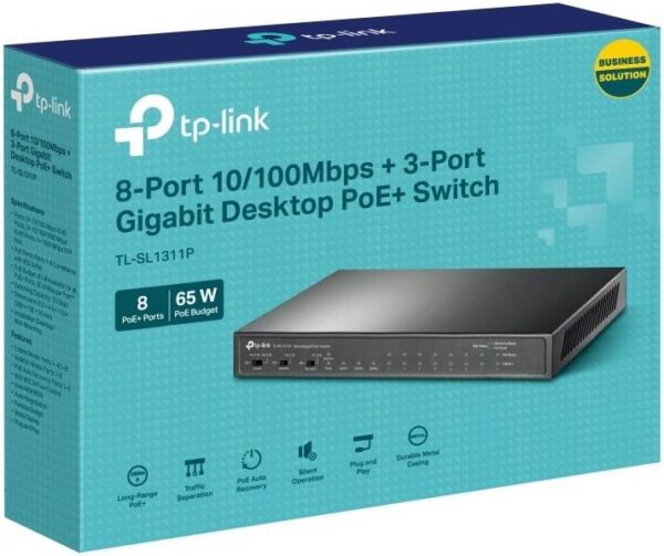 TP-Link 8-портовый 10/100 Мбит/с + 3-портовый гигабитный — 8 портами PoE+, 65 Вт, р