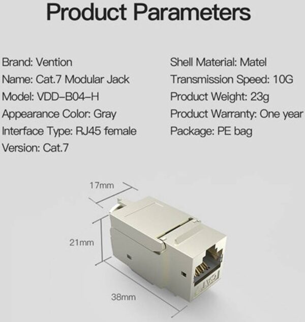 Vention CAT 7 Jack — 10G Tran, 50U Gold, металлический корпус