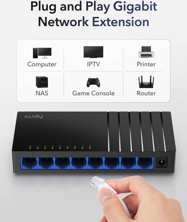 Cudy GS108D — 8-портовый гигабитный настольный коммутатор, максимальная коммутационная способность 16 Гбит/с,