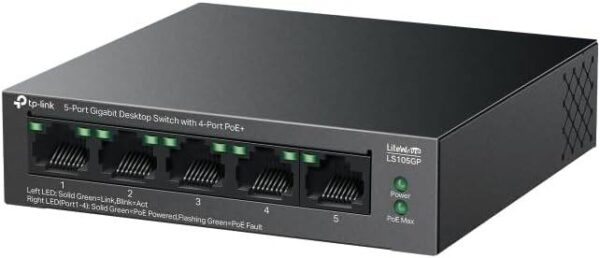 TP-Link LS105GP — 5-портовый гигабитный настольный коммутатор, 4 порта PoE+, функция Plug and Play, автоматическое в