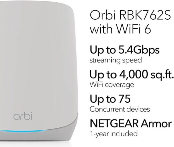 NETGEAR Orbi RBK762S — Mesh-маршрутизатор WiFi 6 с 2 удлинителями спутниковой Mesh, скорость до 5,4 Гб