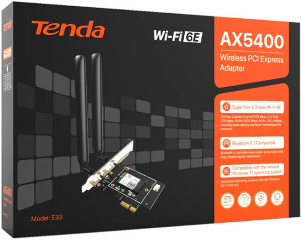 Tenda E33 AX5400 — Трехдиапазонный адаптер Wi-Fi 6E PCIe, 5400 Мбит/с, Bluetooth 5.2