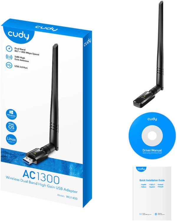 Cudy AC1300 — Wi-Fi USB-адаптер с высоким коэффициентом усиления, чипсет RTL88x2BU, двухдиапазонный