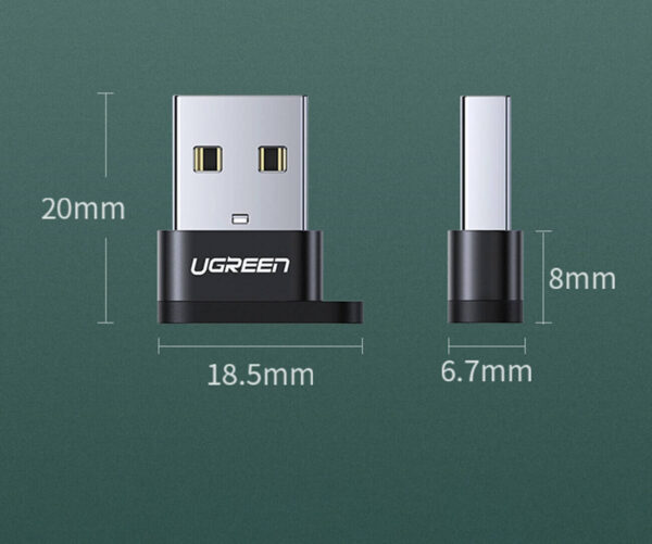 UGREEN US280 — USB-C female и USB-A 2.0 male, скорость передачи данных до 480 Мбит/с, материал из алюминиевого сплава и