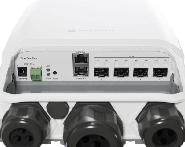 Mikrotik FiberBox Plus — 1 порт Ethernet 1G, 4 порта SFP+ 10G, защищенный от атмосферных воздействий наружный