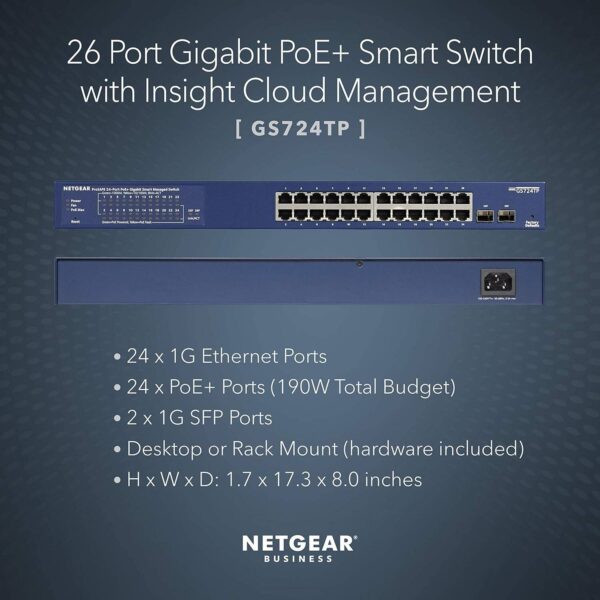 NETGEAR GS724TPv3 — 24-портовый интеллектуальный управляемый коммутатор, Gigabit Ethernet Pro PoE, 190 Вт мощности Po