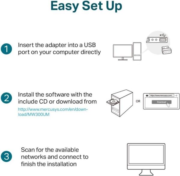 MERCUSYS MW300UM — беспроводной мини-USB-адаптер Wi-Fi N300, поддержка Windows 10/8.1/8/7/XP, для ПК/на