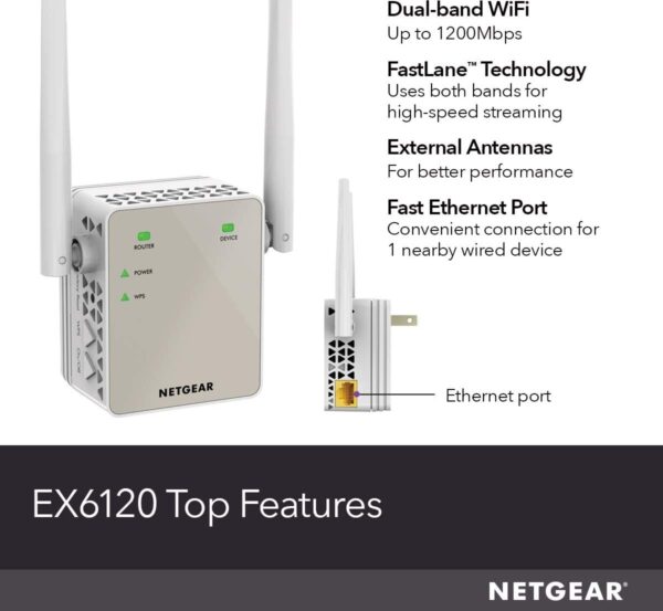 NETGEAR EX6120 — Двухдиапазонный расширитель диапазона WiFi AC1200, подключение Wi-Fi до 1,2 Гбит/с, 802